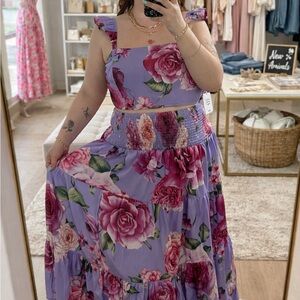 SHEIN Lavender Maxi Skirt with Pink Rose Print